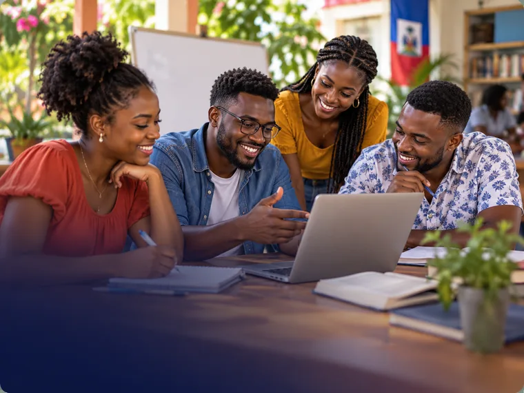 Four friends studying together around a laptop, with a whiteboard and the Haitian flag behind them